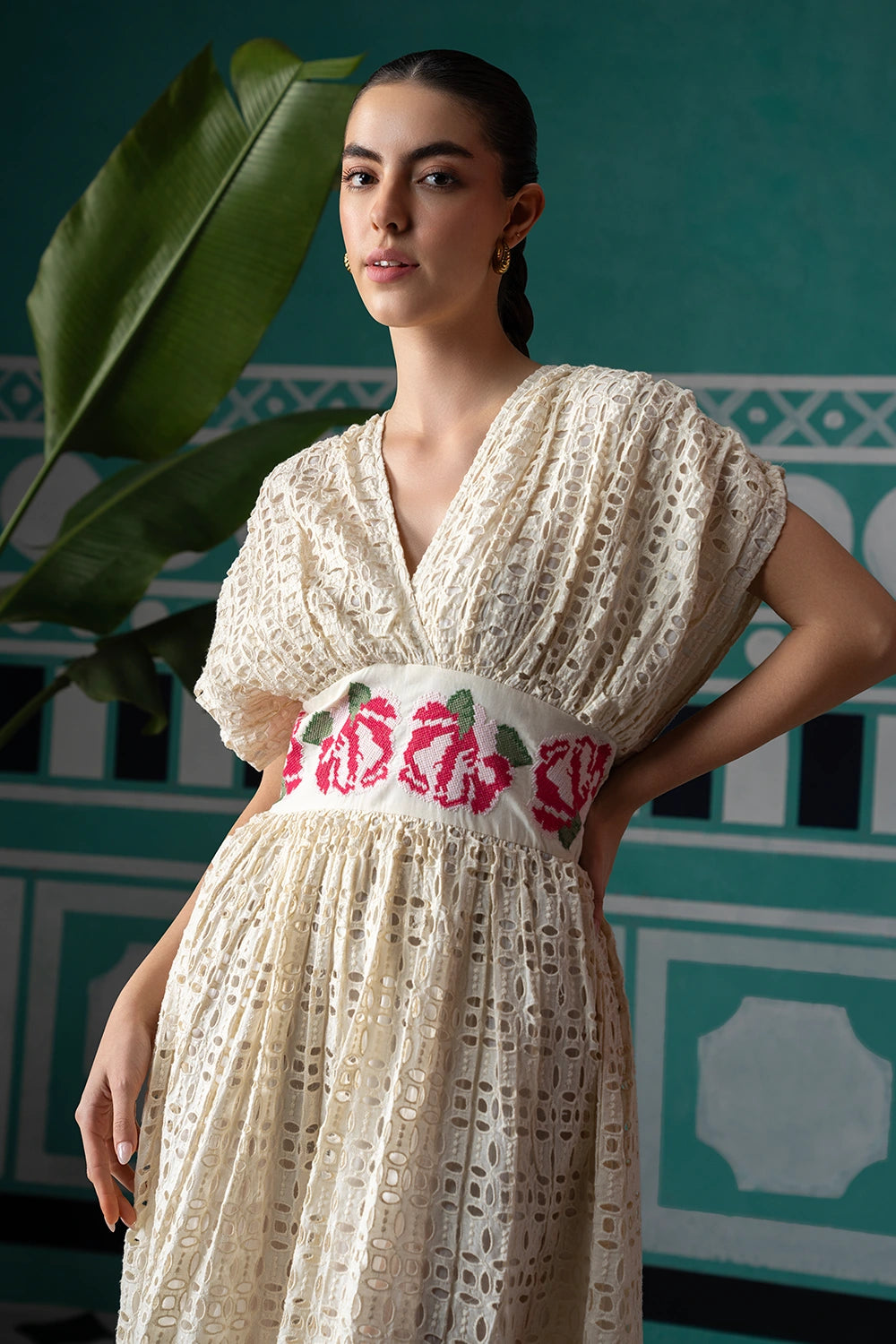 Creme Enchanted Embroidered Broderie Midi Dress