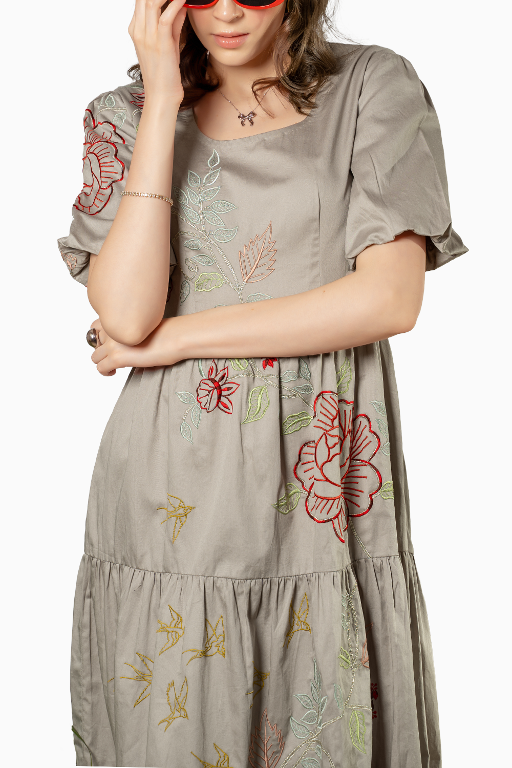 Grey Cotton Poplin Dress With Flower Dress