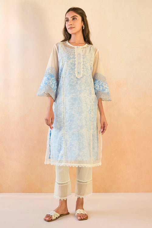 Sky Floral Embroidered Organza Slip Kurta Set
