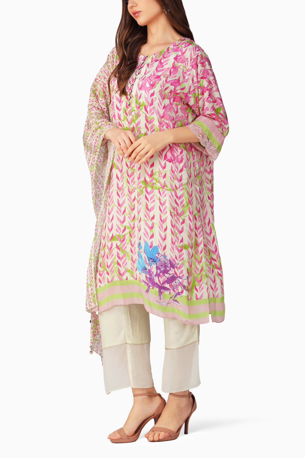 Pink Leaf Printed Kurta Set