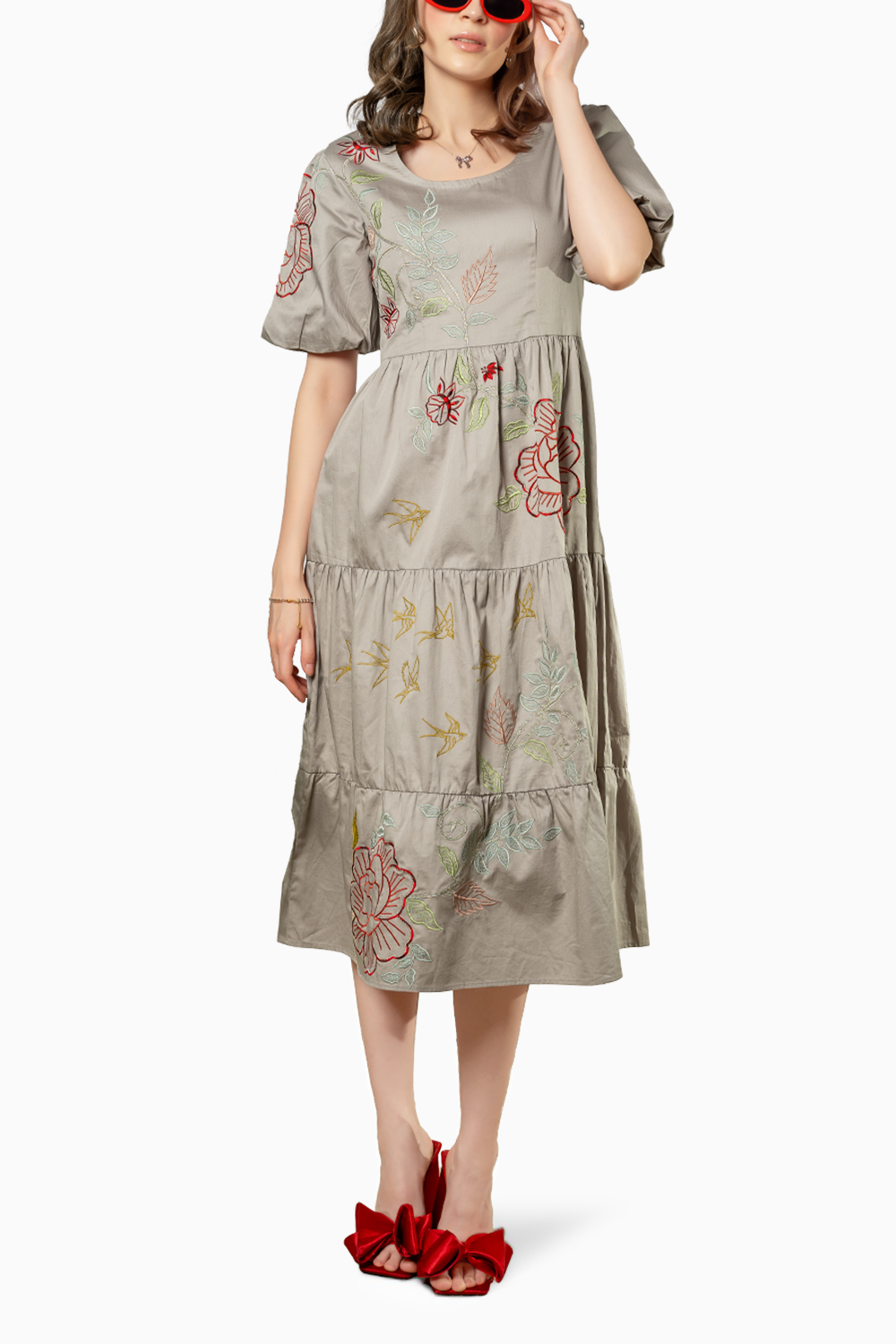 Grey Cotton Poplin Dress With Flower Dress