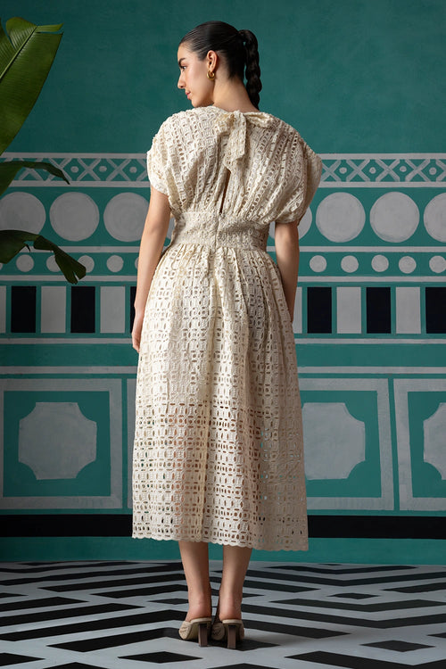 Creme Enchanted Embroidered Broderie Midi Dress