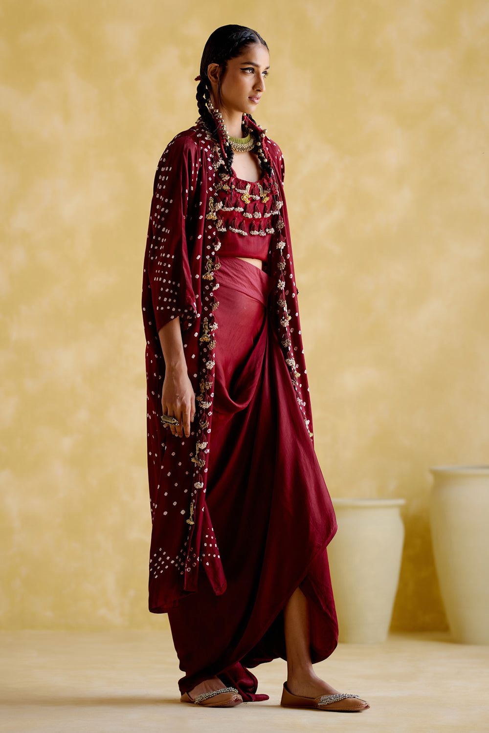 Malini Maroon Bandhini Jacket with Blouse and Skirt