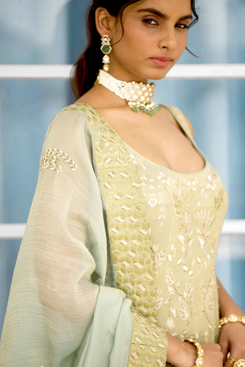 Moss Mirage Hand Embellished Kurta Sharara Dupatta Set