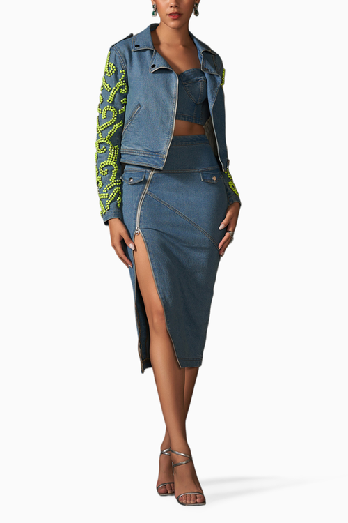 Light Denim Embellished Biker Jacket Set