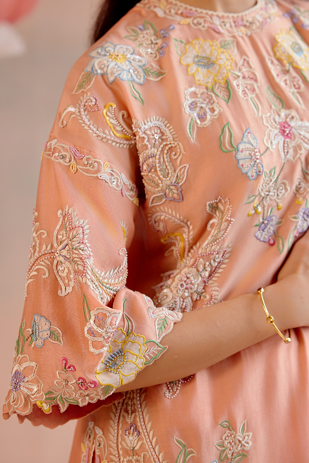 Apricot Contrast Emboidered Kurta with Pant