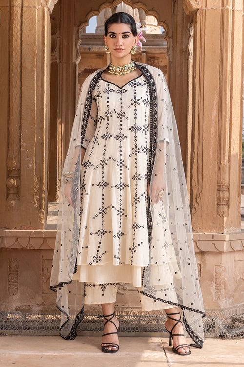 Black and White Big Flower Anarkali with Embroidered Dupatta