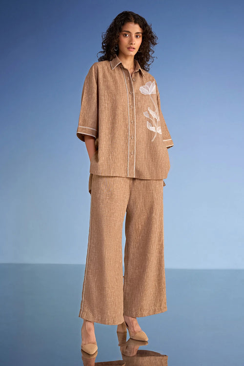 Floral Applique Linen-Textured Shirt and Wide-Legged Pant Set