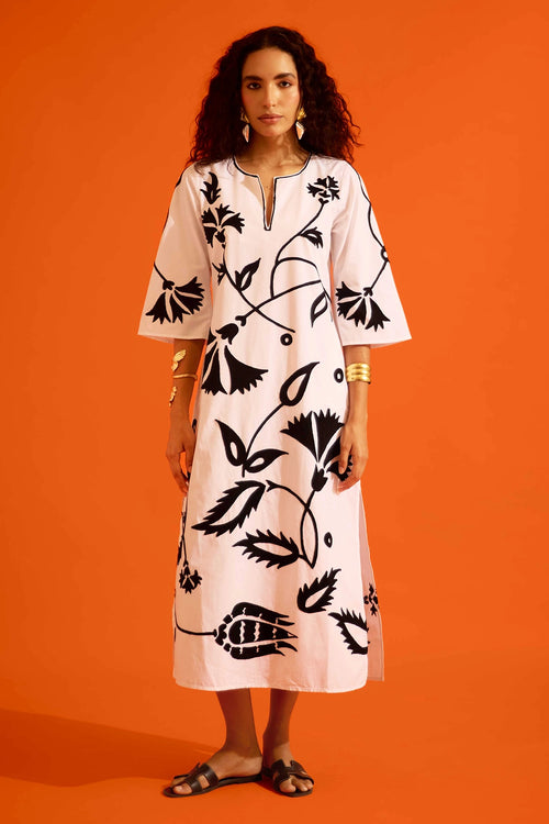 Ivory Cotton Maxi Dress with Black Thread Embroidery