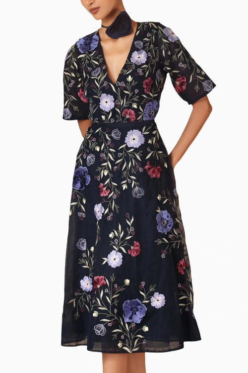 Midnight Blue Floral Flare Dress With Belt