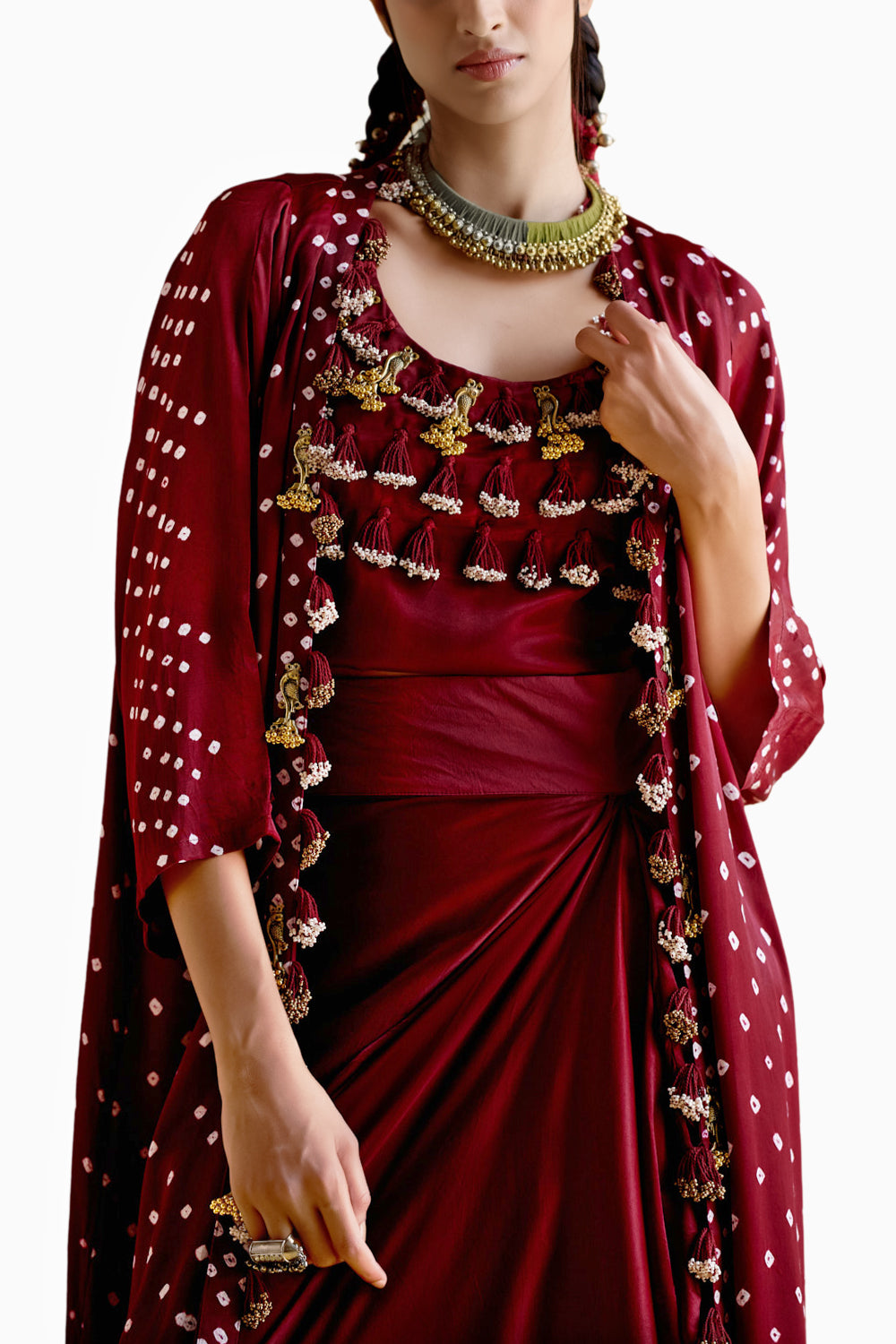 Malini Maroon Bandhini Jacket with Blouse and Skirt