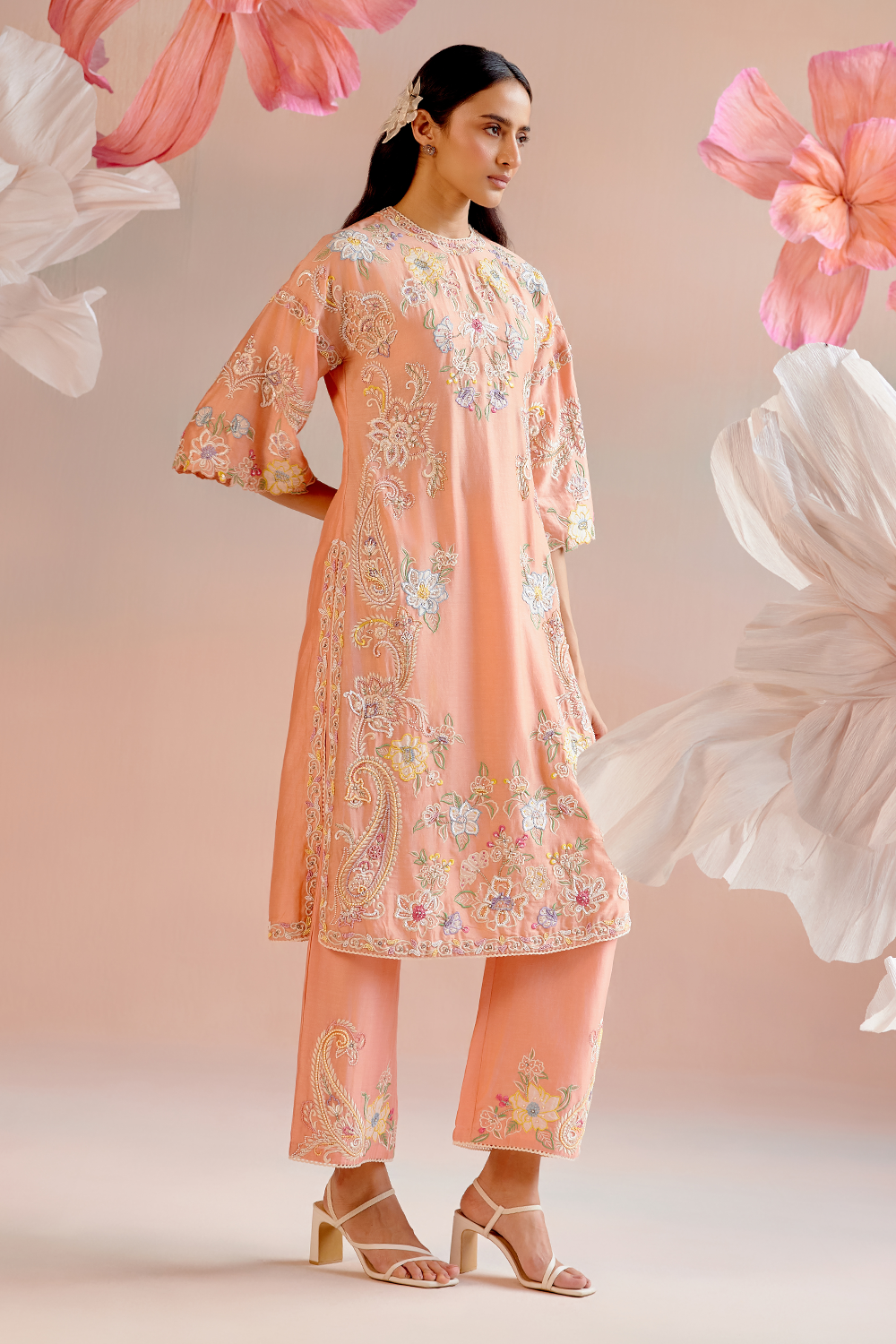 Apricot Contrast Emboidered Kurta with Pant