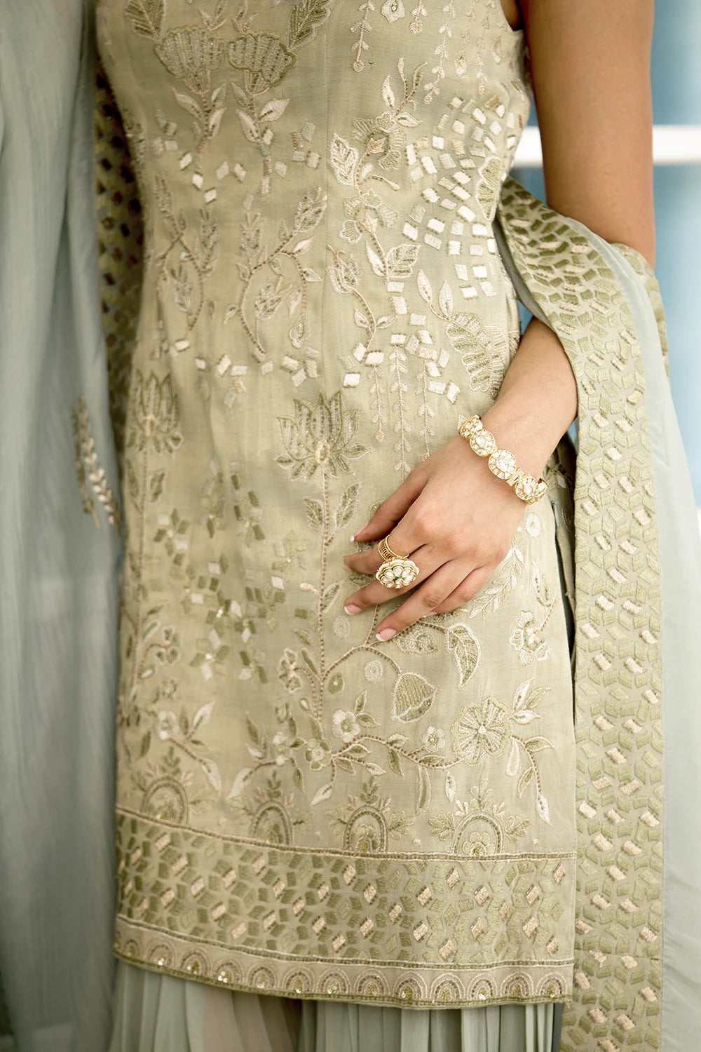 Moss Mirage Hand Embellished Kurta Sharara Dupatta Set