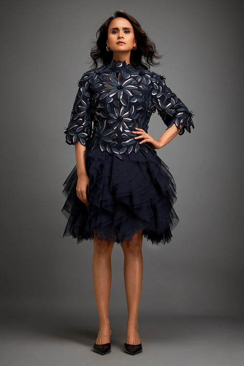 Navy Blue Floral Top With Ruffled Sheer Skirt