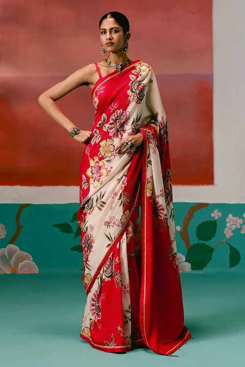 Ecru and Red Floral Saree