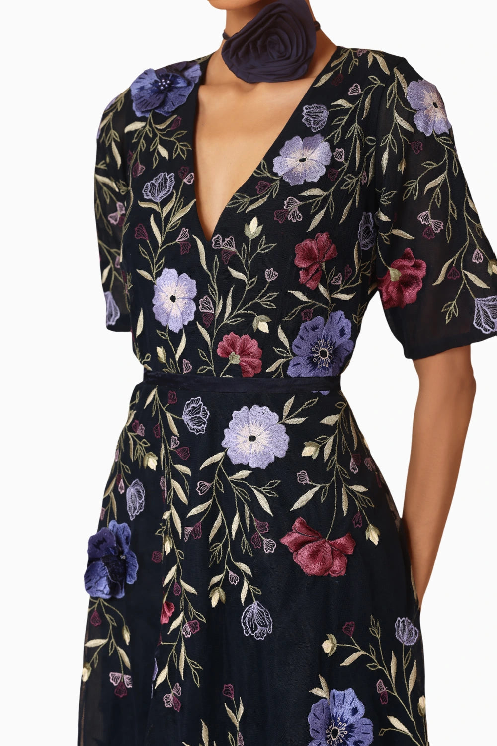 Midnight Blue Floral Flare Dress With Belt