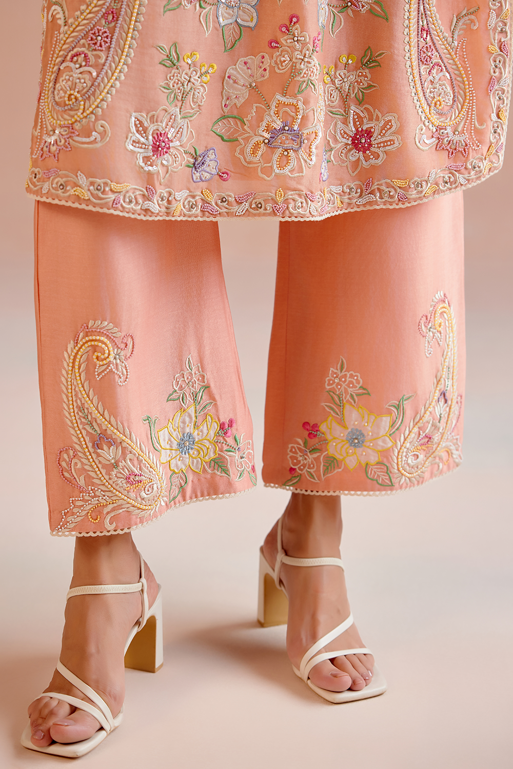 Apricot Contrast Emboidered Kurta with Pant