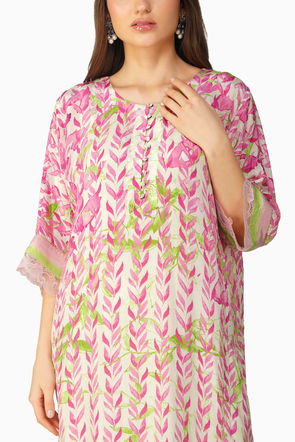 Pink Leaf Printed Kurta Set