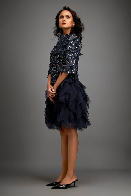 Navy Blue Floral Top With Ruffled Sheer Skirt