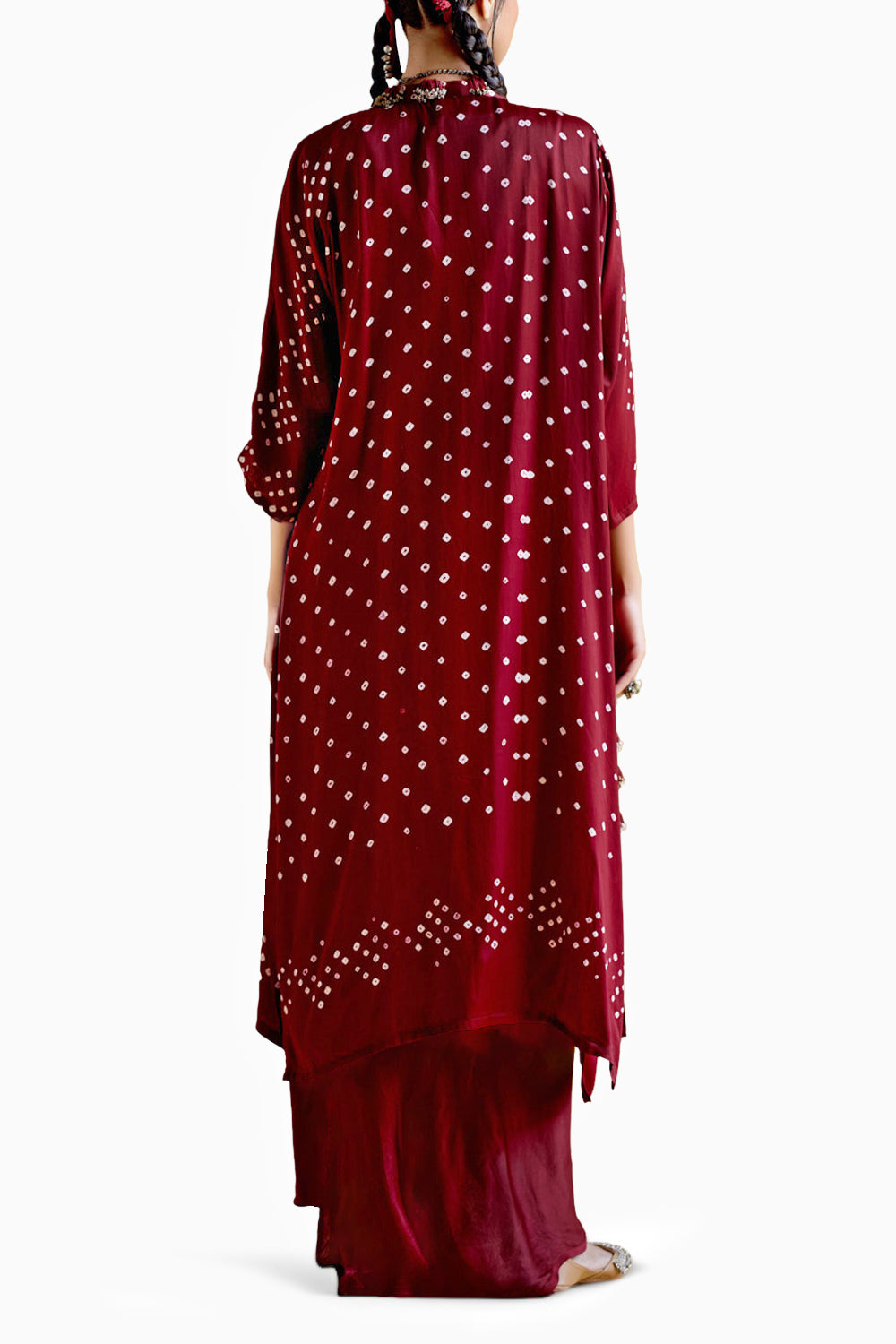 Malini Maroon Bandhini Jacket with Blouse and Skirt