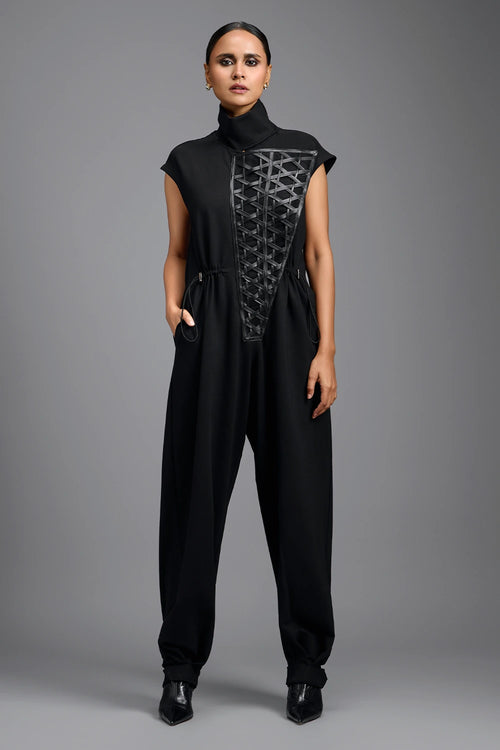 Black Sculptural High-Neck Jumpsuit