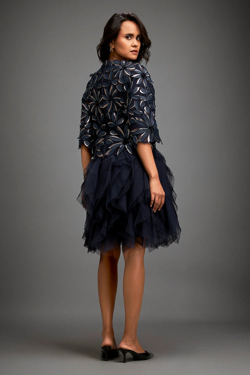 Navy Blue Floral Top With Ruffled Sheer Skirt