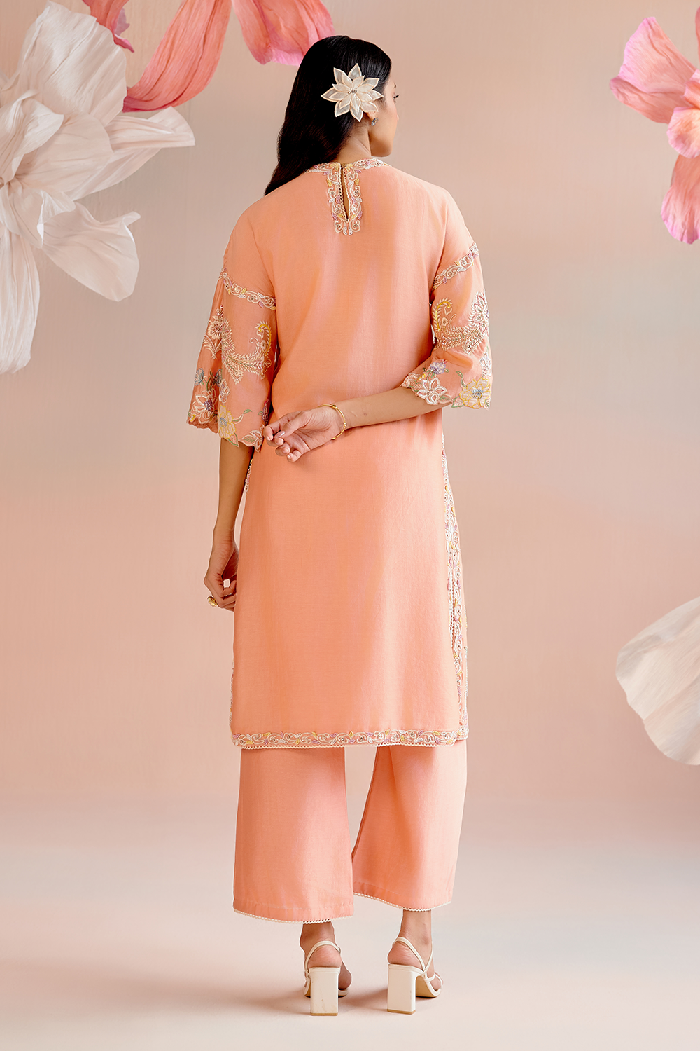 Apricot Contrast Emboidered Kurta with Pant