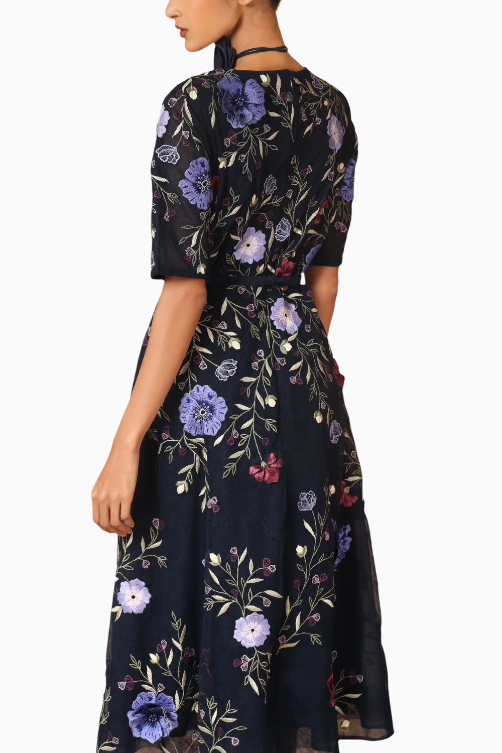 Midnight Blue Floral Flare Dress With Belt