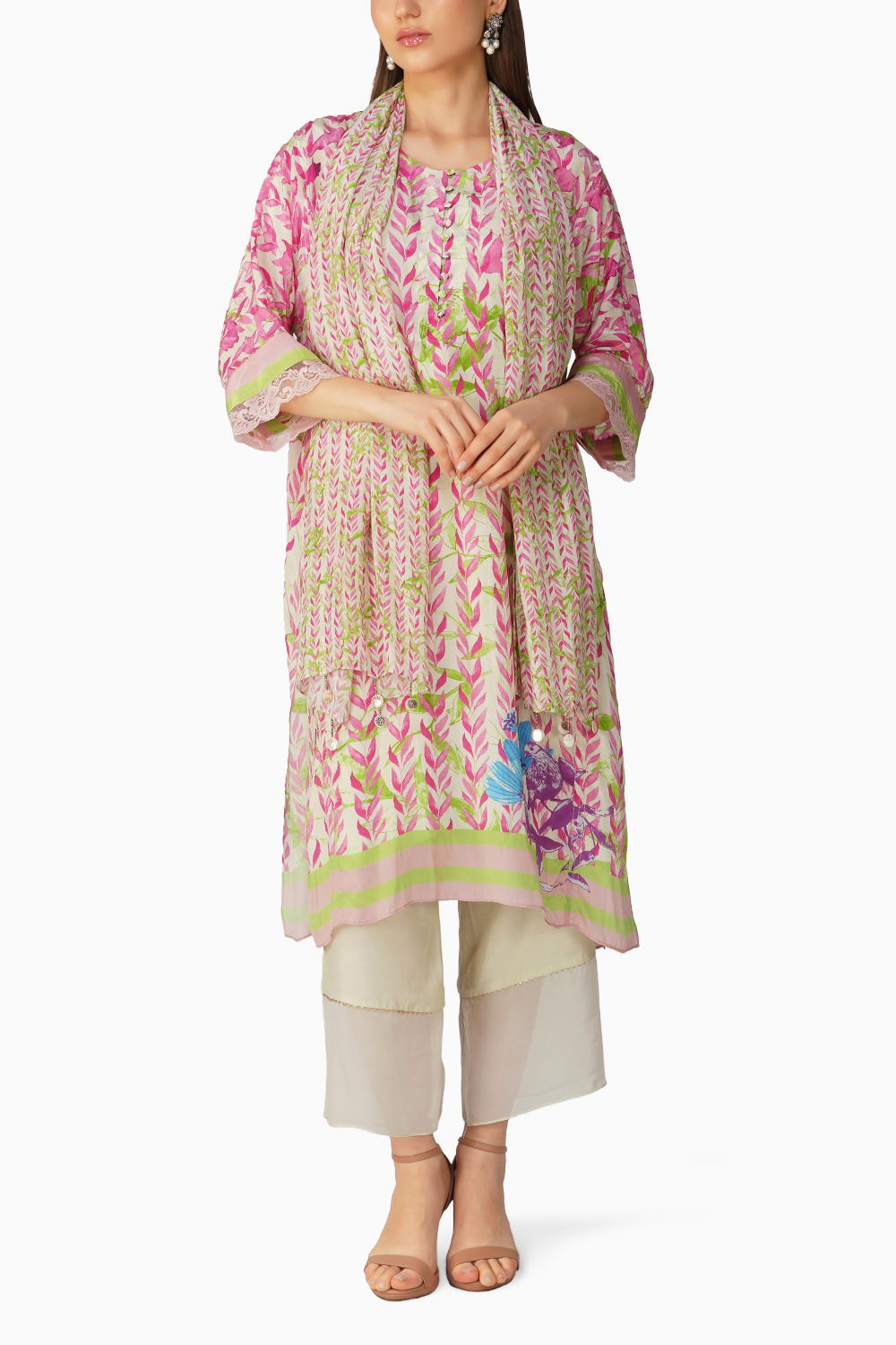 Pink Leaf Printed Kurta Set