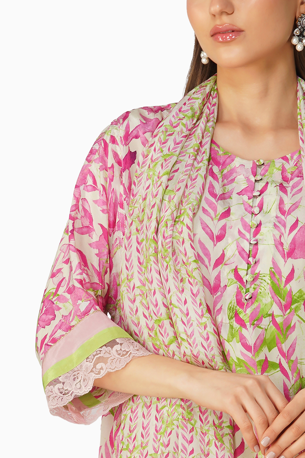 Pink Leaf Printed Kurta Set