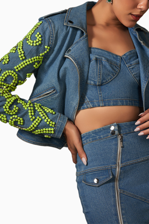 Light Denim Embellished Biker Jacket Set