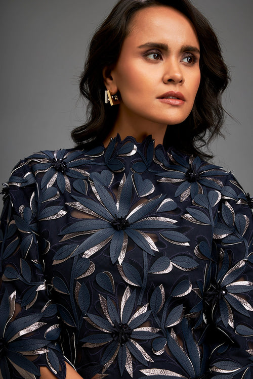 Navy Blue Floral Top With Ruffled Sheer Skirt