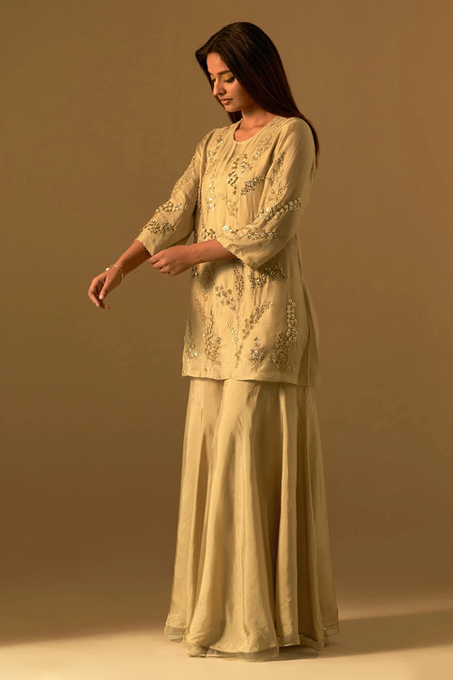 Floral Embroidered Silk Shell Sharara Set