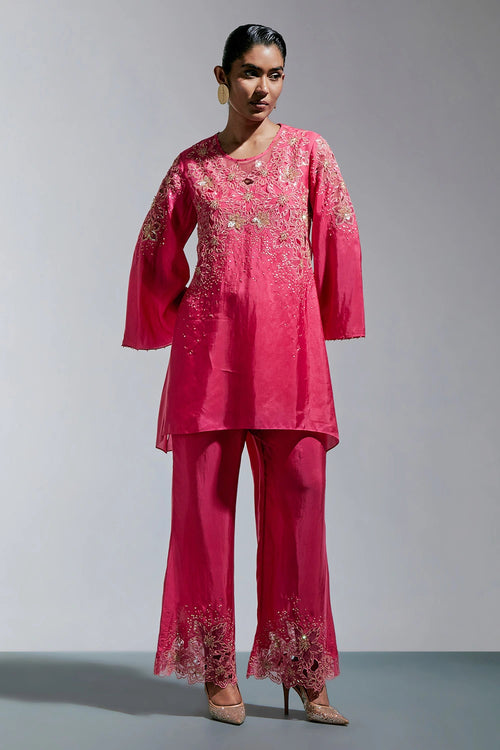 Raspberry Floral Threadwork Silk Co-ord Set