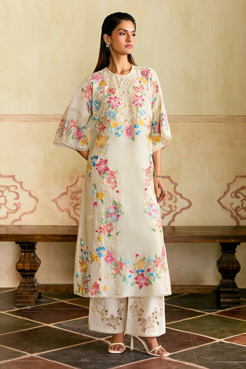 Ivory Mosaic Floral Kurta with Applique Pants