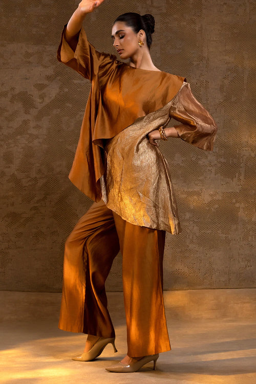 Agneya Dark Amber Tissue and Silk Layered Co-ord Set