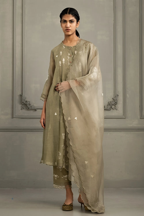 Sage Green Discharge Pleated Tunic Set