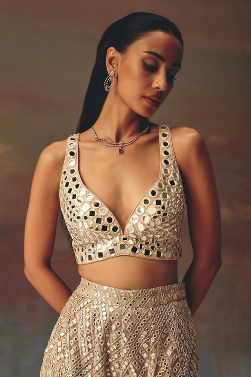 Golden Cape Sleeves Jacket with Bralette and Bootcut Pants