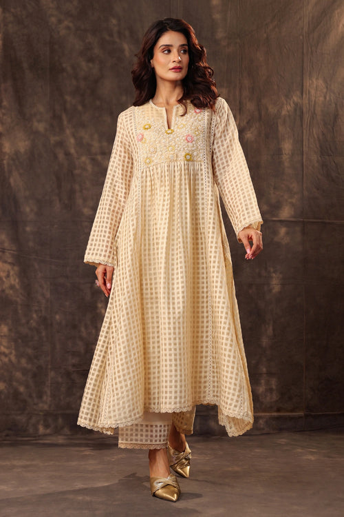 Vaayu Beige Panelled Kalidar Set