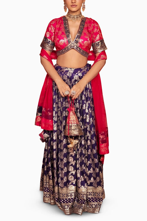 Pink Purple Banarasi Begum Lehnga Set