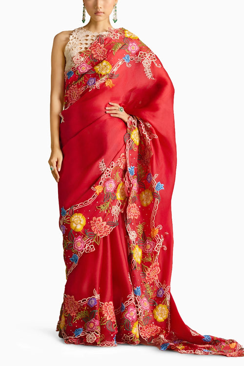 Red Multicolour Floral Embroidered Saree