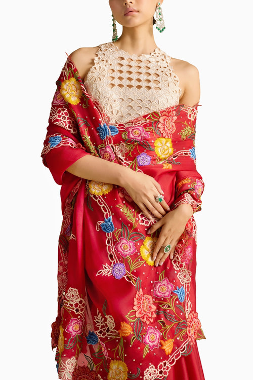 Red Multicolour Floral Embroidered Saree
