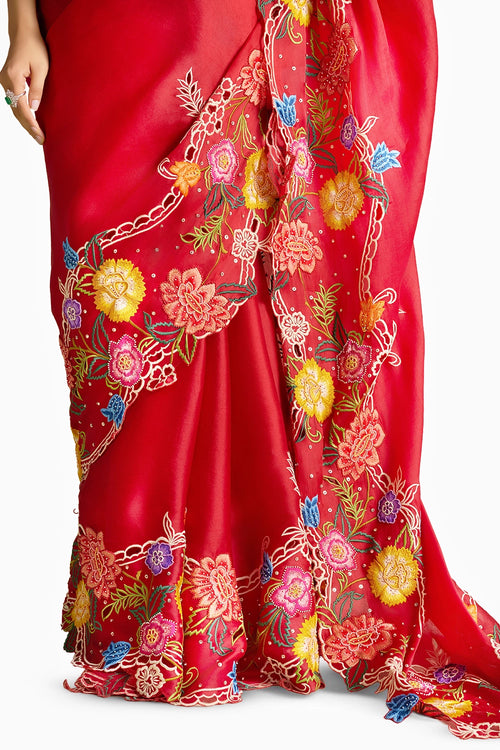 Red Multicolour Floral Embroidered Saree