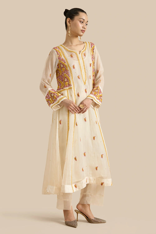 Organza Silk Kalidar Set Crafted With Pink And Yellow Chikankari Embroidery
