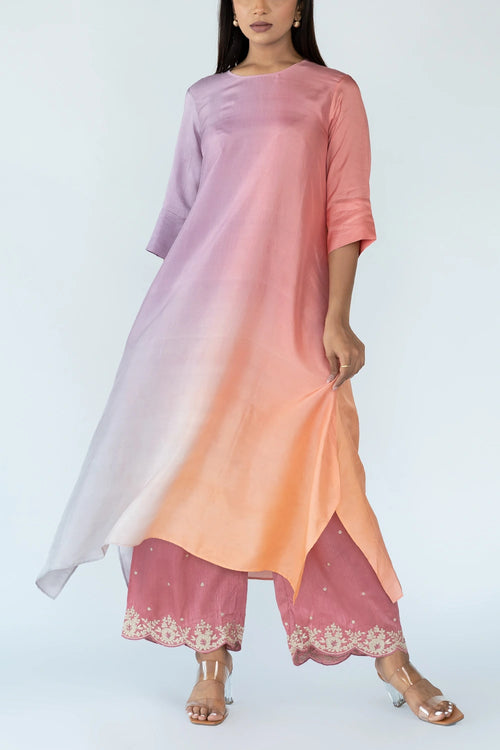 Grey Peach Ombre Kurta With Dupatta