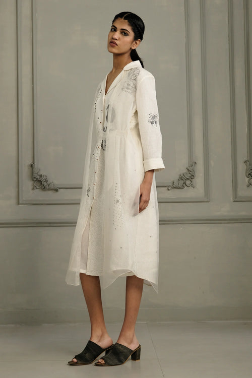 Ivory Block Print Linen And Organza Layered Dress