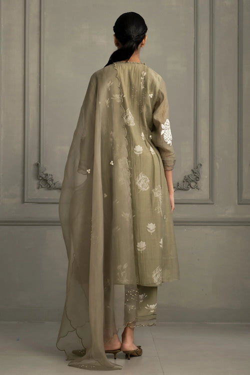 Sage Green Discharge Pleated Tunic Set