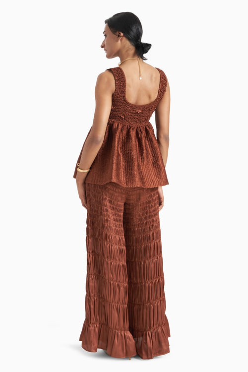 Brown Babydoll Smocked Top With Smocked Satin Pants