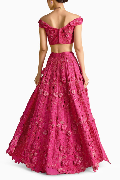 Fuchsia Cutwork And 3D Applique Bustier And Lehenga