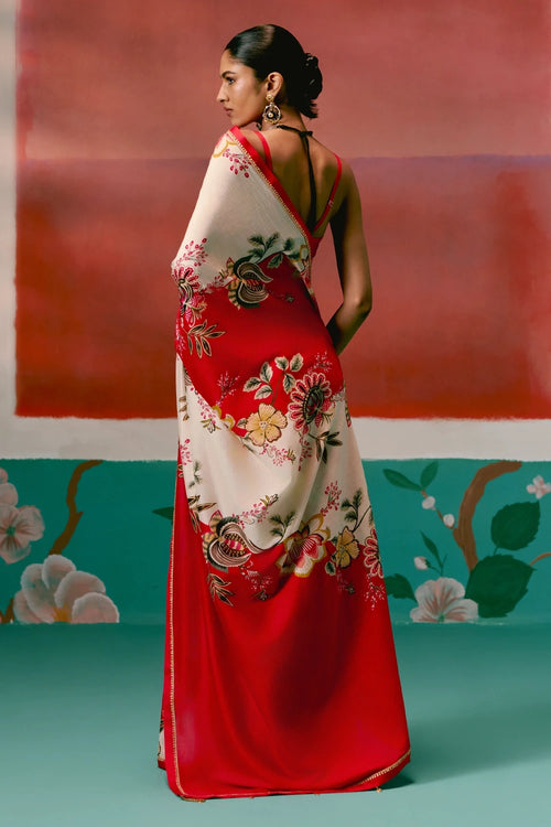 Ecru and Red Floral Saree